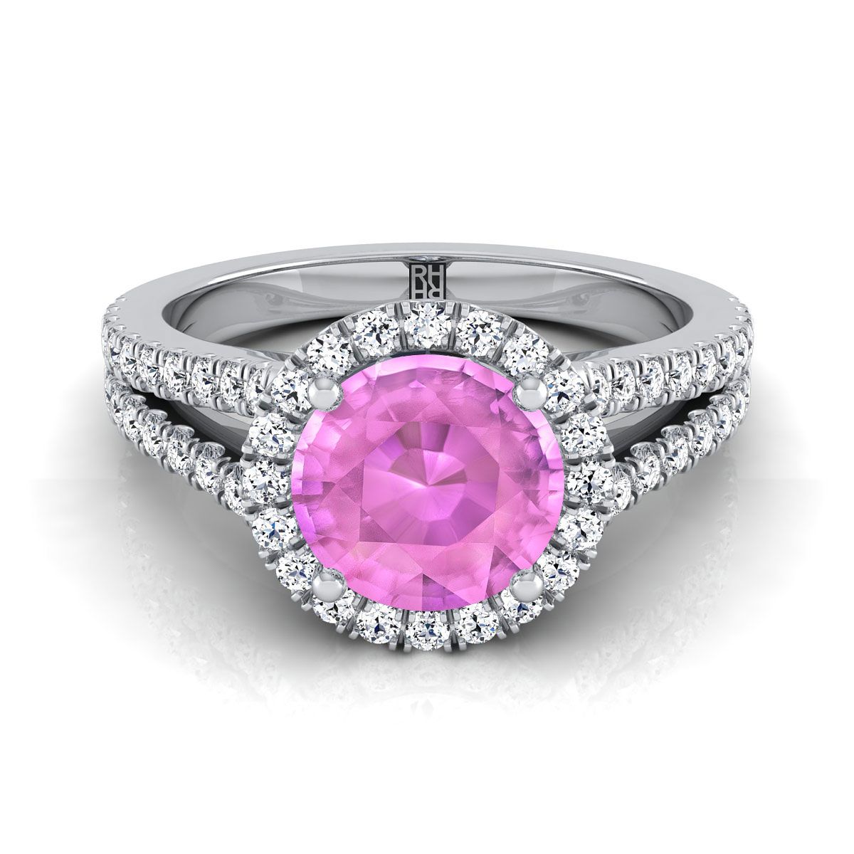 Platinum Round Brilliant Pink Sapphire Halo Center with French Pave Split Shank Engagement Ring -3/8ctw