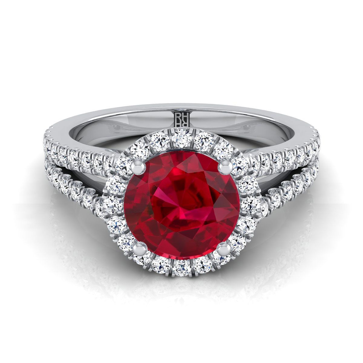 18K White Gold Round Brilliant Ruby Halo Center with French Pave Split Shank Engagement Ring -3/8ctw