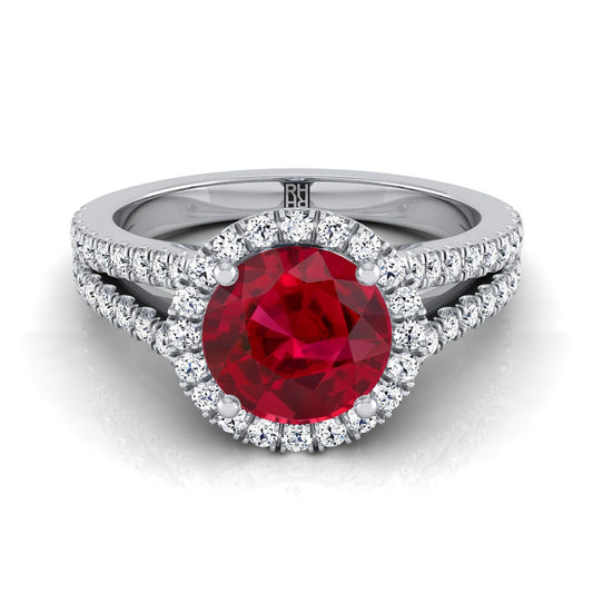 18K White Gold Round Brilliant Ruby Halo Center with French Pave Split Shank Engagement Ring -3/8ctw