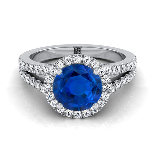 14K White Gold Round Brilliant Sapphire Halo Center with French Pave Split Shank Engagement Ring -3/8ctw