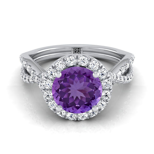 Platinum Round Brilliant Amethyst  Twisted Scalloped Pavé Diamonds Halo Engagement Ring -1/2ctw