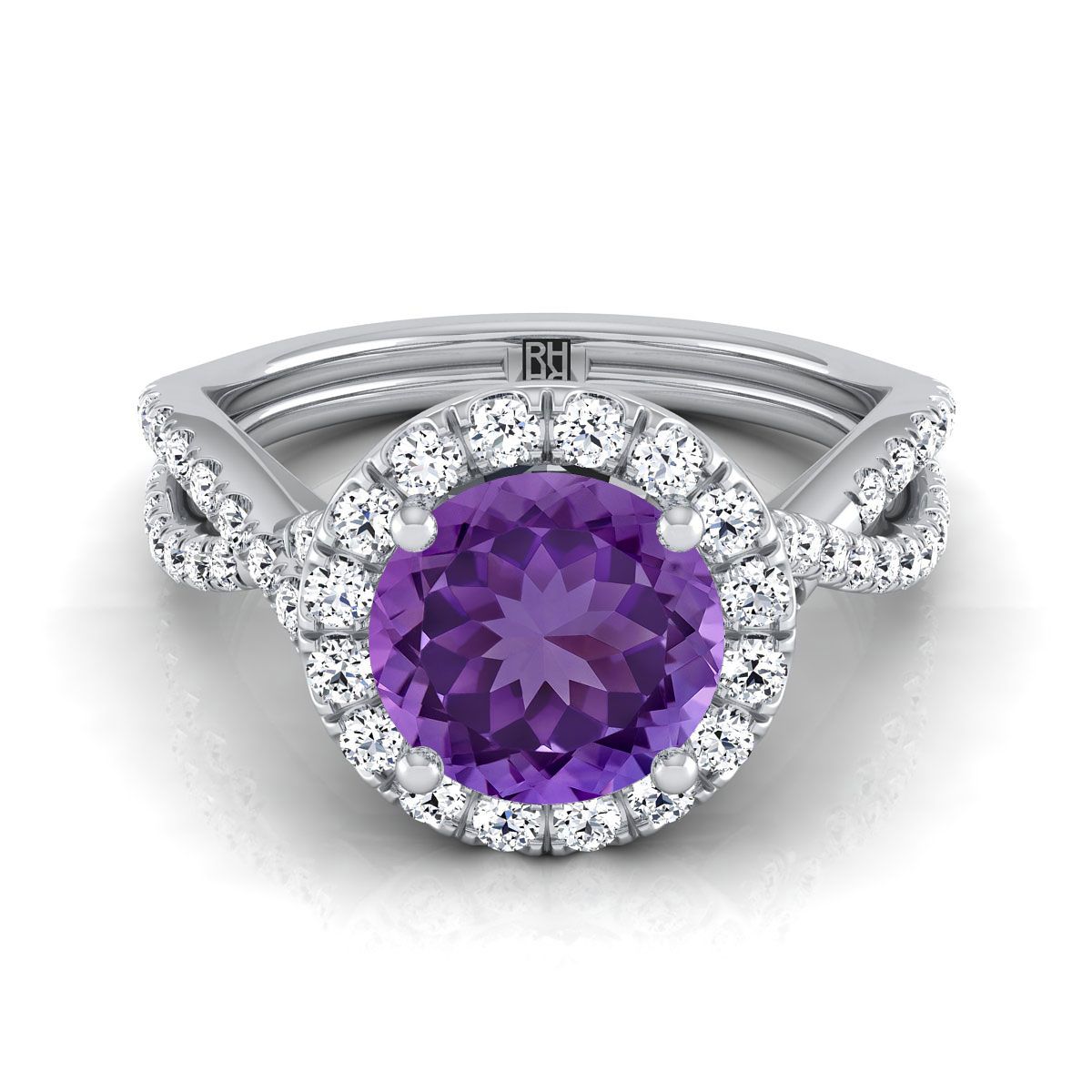 14K White Gold Round Brilliant Amethyst  Twisted Scalloped Pavé Diamonds Halo Engagement Ring -1/2ctw
