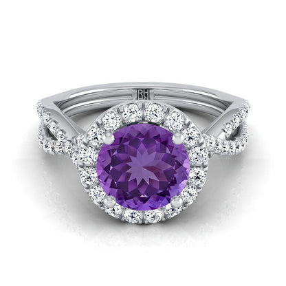 14K White Gold Round Brilliant Amethyst  Twisted Scalloped Pavé Diamonds Halo Engagement Ring -1/2ctw
