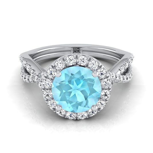 Platinum Round Brilliant Aquamarine  Twisted Scalloped Pavé Diamonds Halo Engagement Ring -1/2ctw