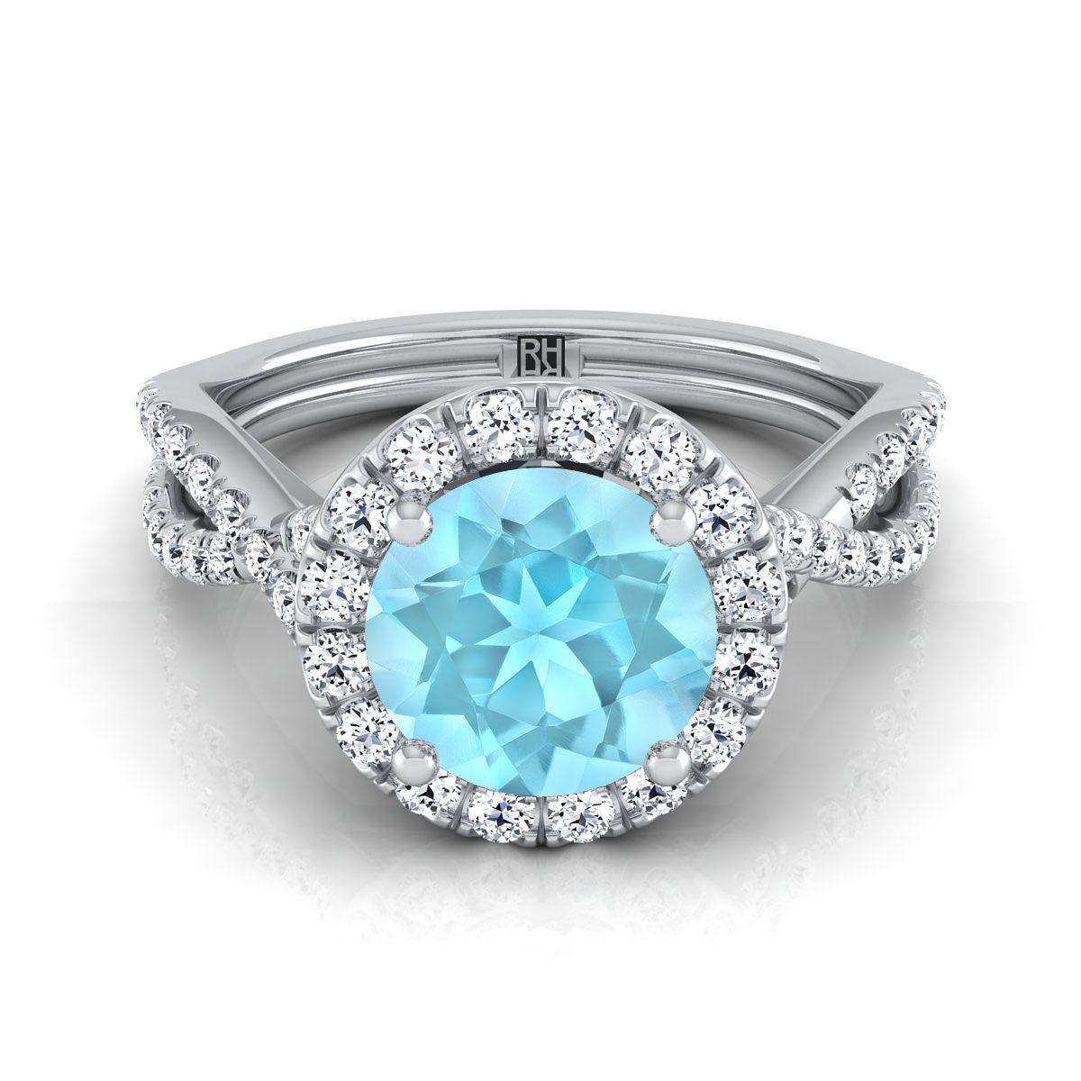 18K White Gold Round Brilliant Aquamarine  Twisted Scalloped Pavé Diamonds Halo Engagement Ring -1/2ctw