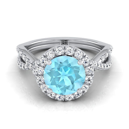 18K White Gold Round Brilliant Aquamarine  Twisted Scalloped Pavé Diamonds Halo Engagement Ring -1/2ctw