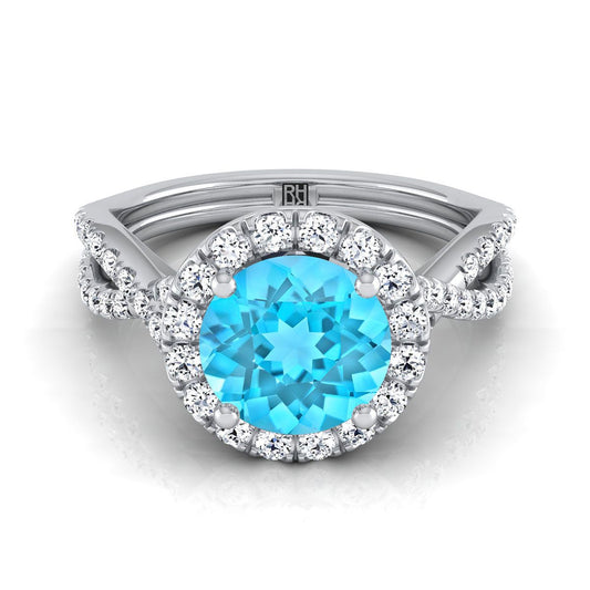Platinum Round Brilliant Swiss Blue Topaz  Twisted Scalloped Pavé Diamonds Halo Engagement Ring -1/2ctw