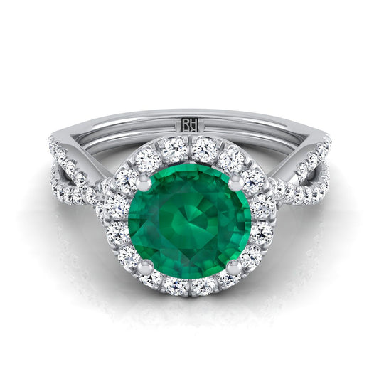 14K White Gold Round Brilliant Emerald  Twisted Scalloped Pavé Diamonds Halo Engagement Ring -1/2ctw