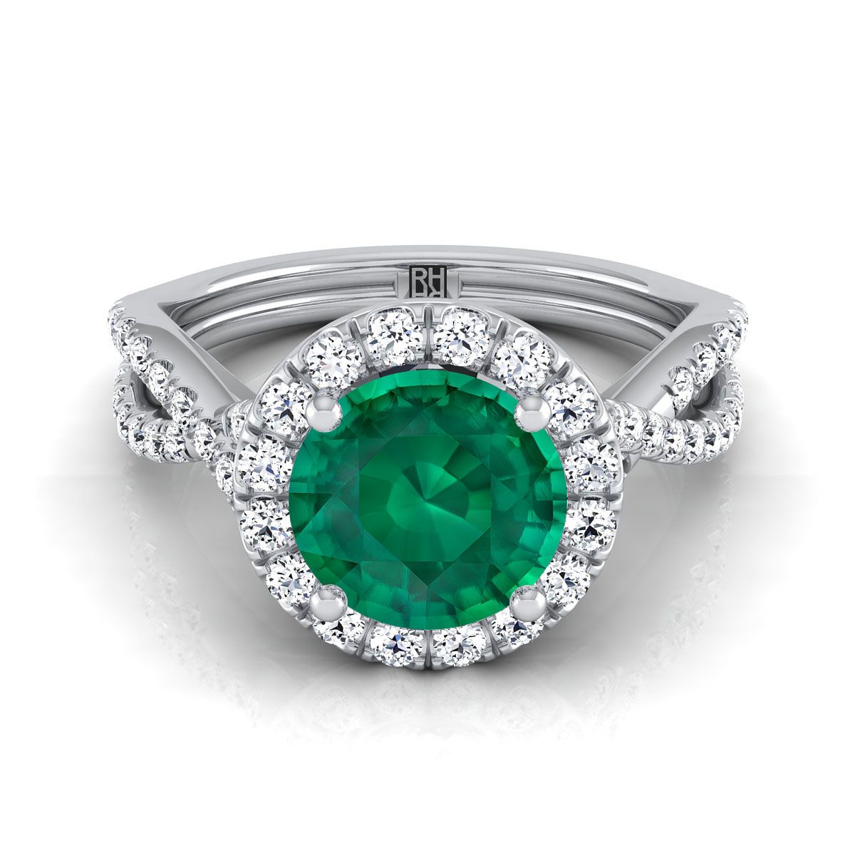 18K White Gold Round Brilliant Emerald  Twisted Scalloped Pavé Diamonds Halo Engagement Ring -1/2ctw