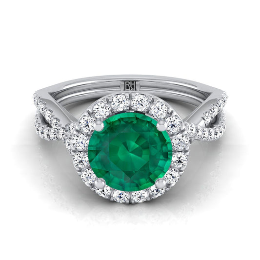 18K White Gold Round Brilliant Emerald  Twisted Scalloped Pavé Diamonds Halo Engagement Ring -1/2ctw