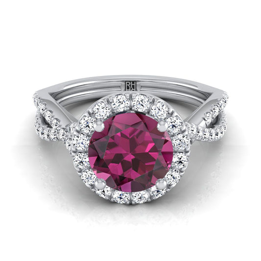 Platinum Round Brilliant Garnet  Twisted Scalloped Pavé Diamonds Halo Engagement Ring -1/2ctw