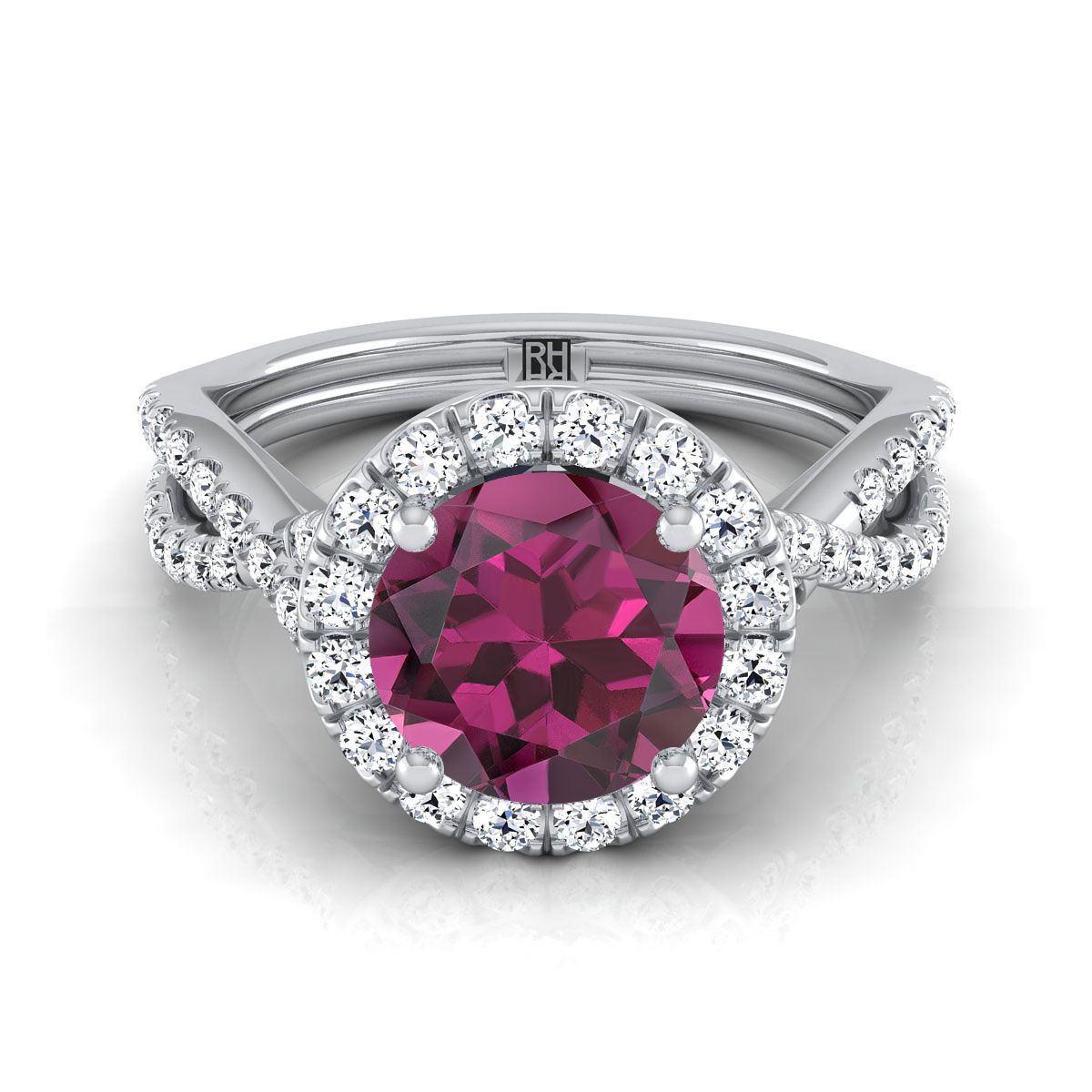 18K White Gold Round Brilliant Garnet  Twisted Scalloped Pavé Diamonds Halo Engagement Ring -1/2ctw
