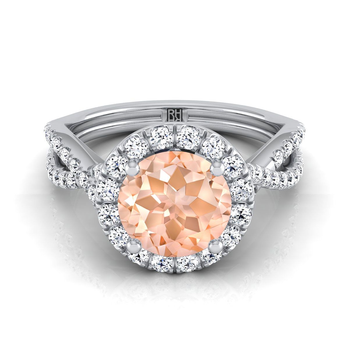 14K White Gold Round Brilliant Morganite  Twisted Scalloped Pavé Diamonds Halo Engagement Ring -1/2ctw