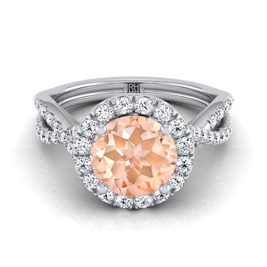 18K White Gold Round Brilliant Morganite  Twisted Scalloped Pavé Diamonds Halo Engagement Ring -1/2ctw