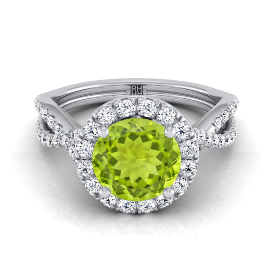 Platinum Round Brilliant Peridot  Twisted Scalloped Pavé Diamonds Halo Engagement Ring -1/2ctw