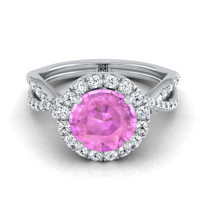 14K White Gold Round Brilliant Pink Sapphire  Twisted Scalloped Pavé Diamonds Halo Engagement Ring -1/2ctw