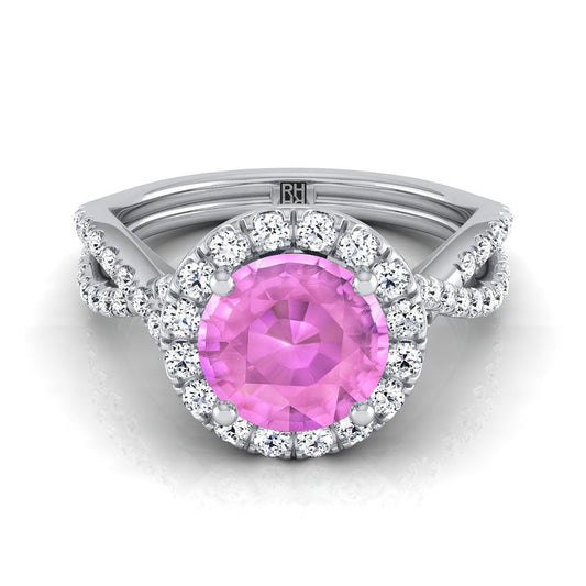 Platinum Round Brilliant Pink Sapphire  Twisted Scalloped Pavé Diamonds Halo Engagement Ring -1/2ctw