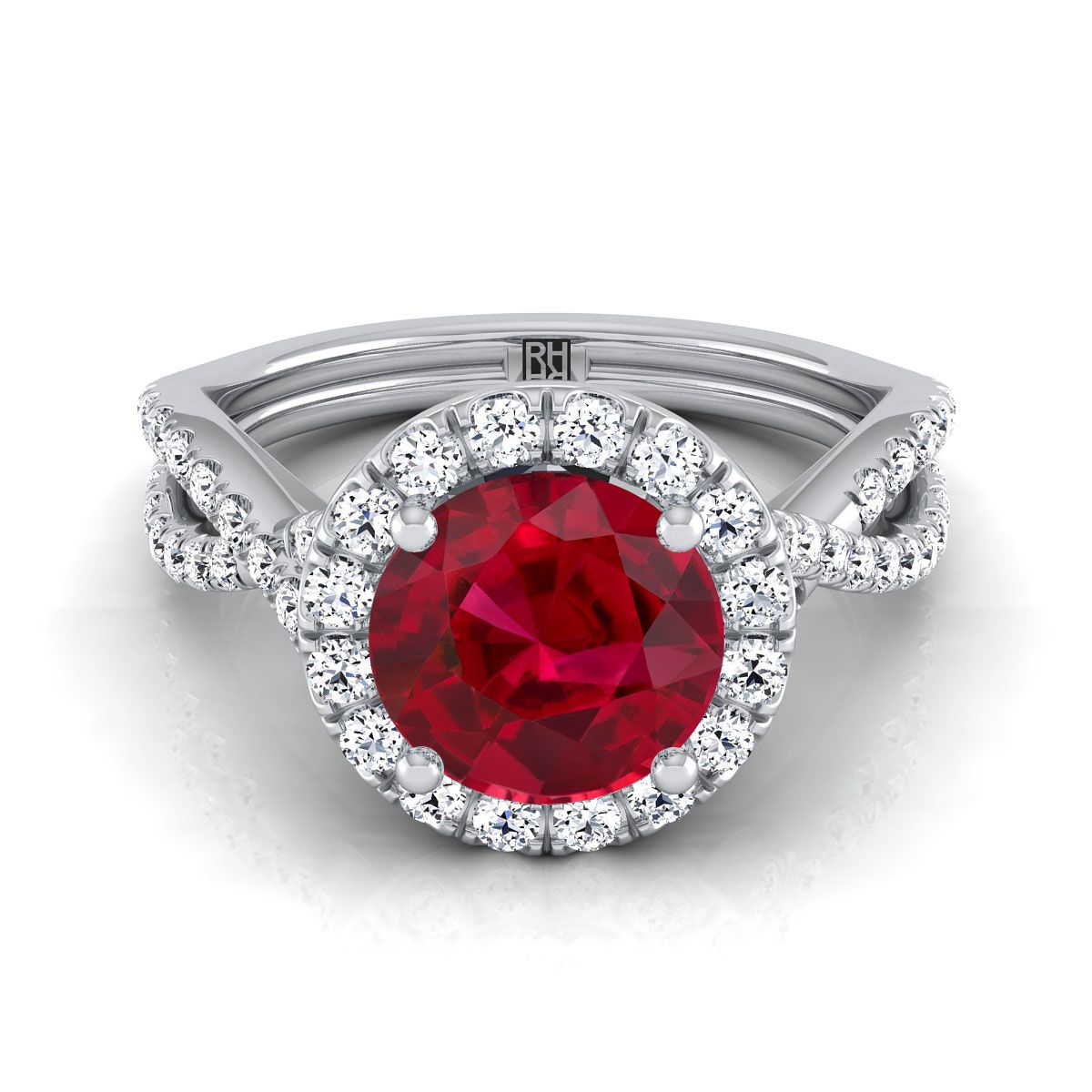 Platinum Round Brilliant Ruby  Twisted Scalloped Pavé Diamonds Halo Engagement Ring -1/2ctw