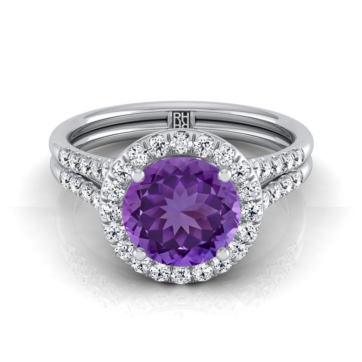 18K White Gold Round Brilliant French Pave Split Shank Halo Engagement Ring -3/8ctw