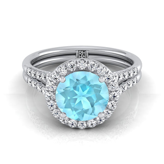 14K White Gold Round Brilliant French Pave Split Shank Halo Engagement Ring -3/8ctw