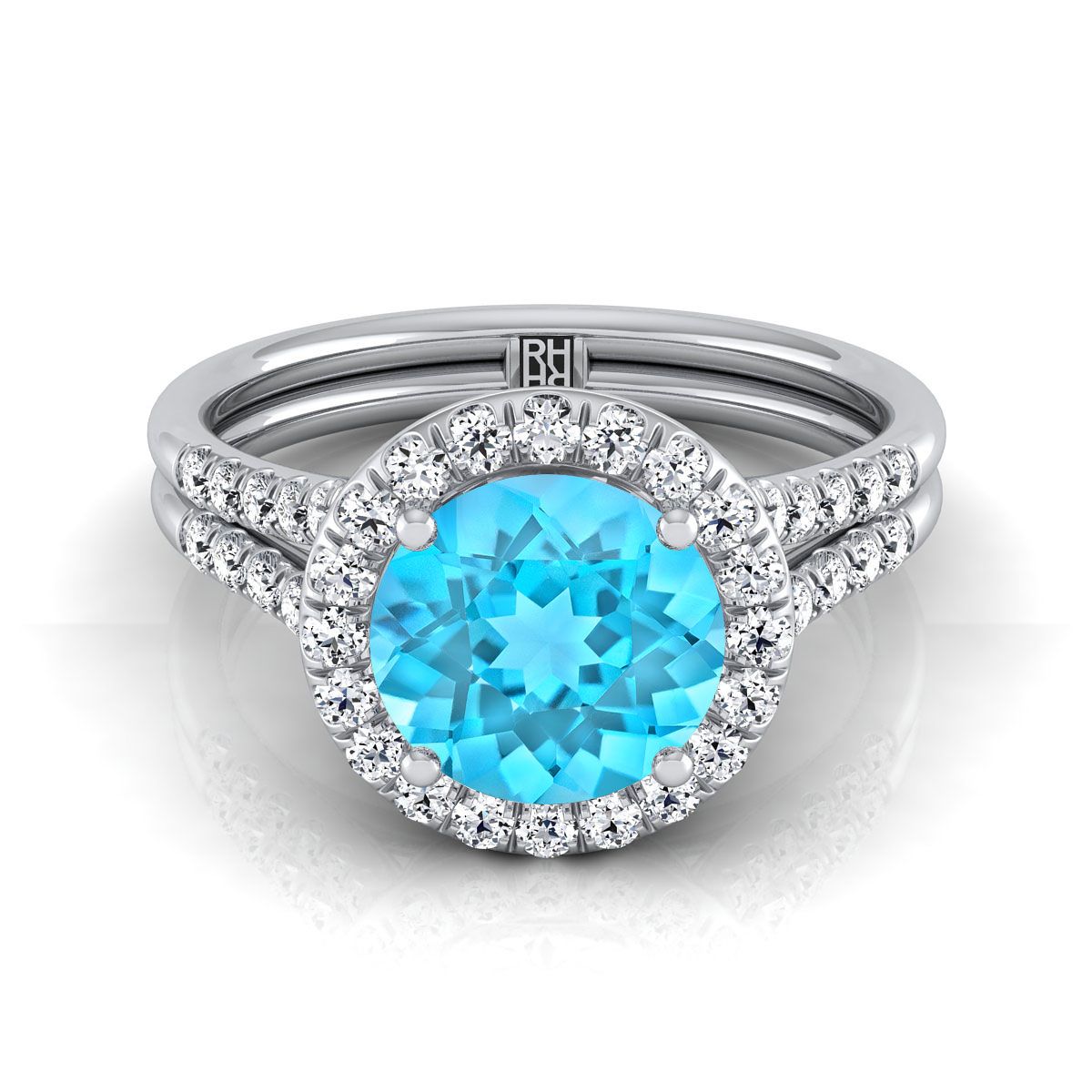 14K White Gold Round Brilliant French Pave Split Shank Halo Engagement Ring -3/8ctw