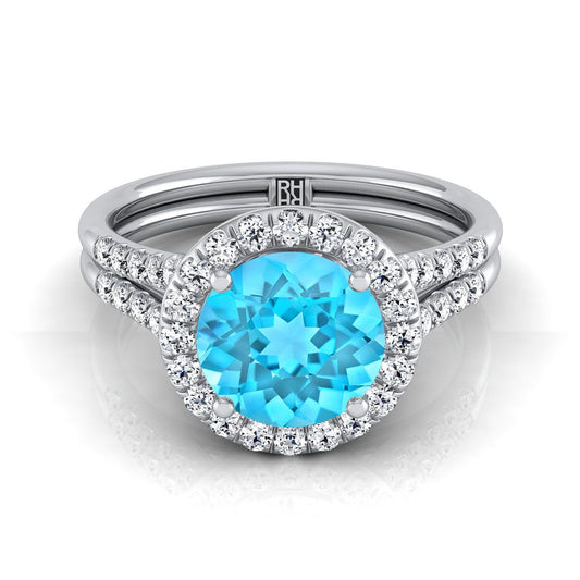 18K White Gold Round Brilliant French Pave Split Shank Halo Engagement Ring -3/8ctw