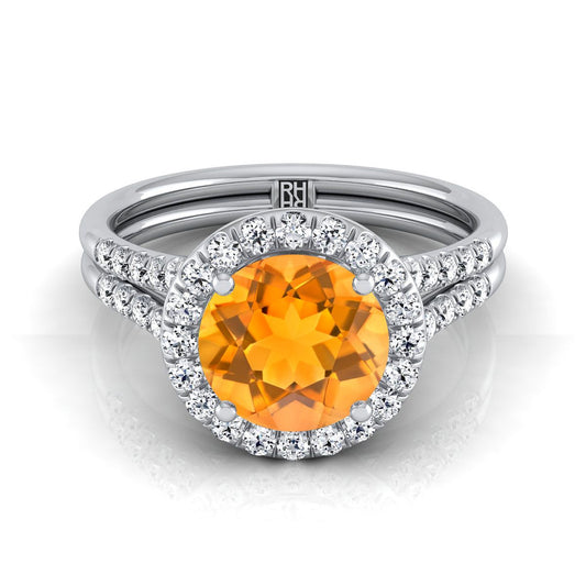 18K White Gold Round Brilliant French Pave Split Shank Halo Engagement Ring -3/8ctw