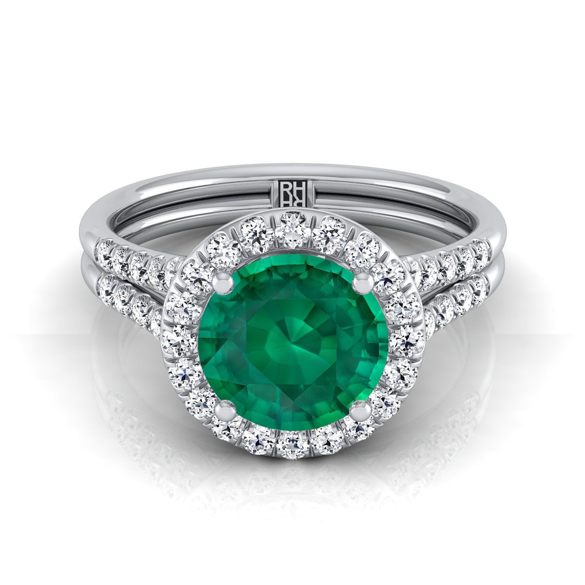 18K White Gold Round Brilliant French Pave Split Shank Halo Engagement Ring -3/8ctw