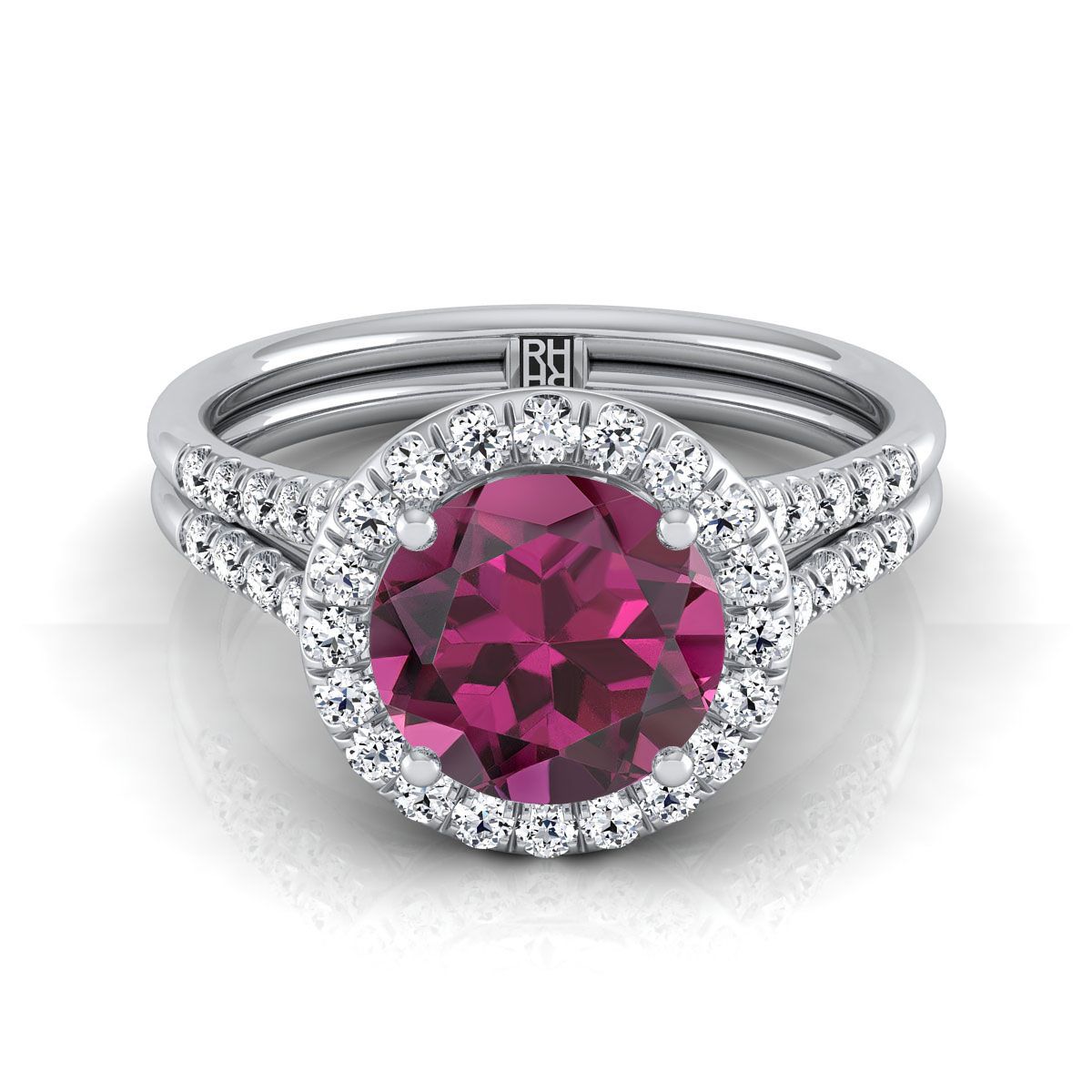 14K White Gold Round Brilliant French Pave Split Shank Halo Engagement Ring -3/8ctw