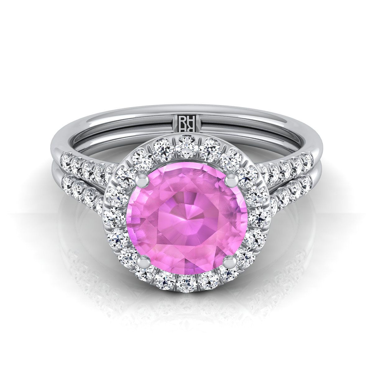 18K White Gold Round Brilliant French Pave Split Shank Halo Engagement Ring -3/8ctw