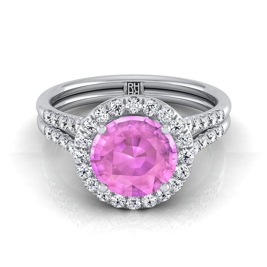 14K White Gold Round Brilliant French Pave Split Shank Halo Engagement Ring -3/8ctw