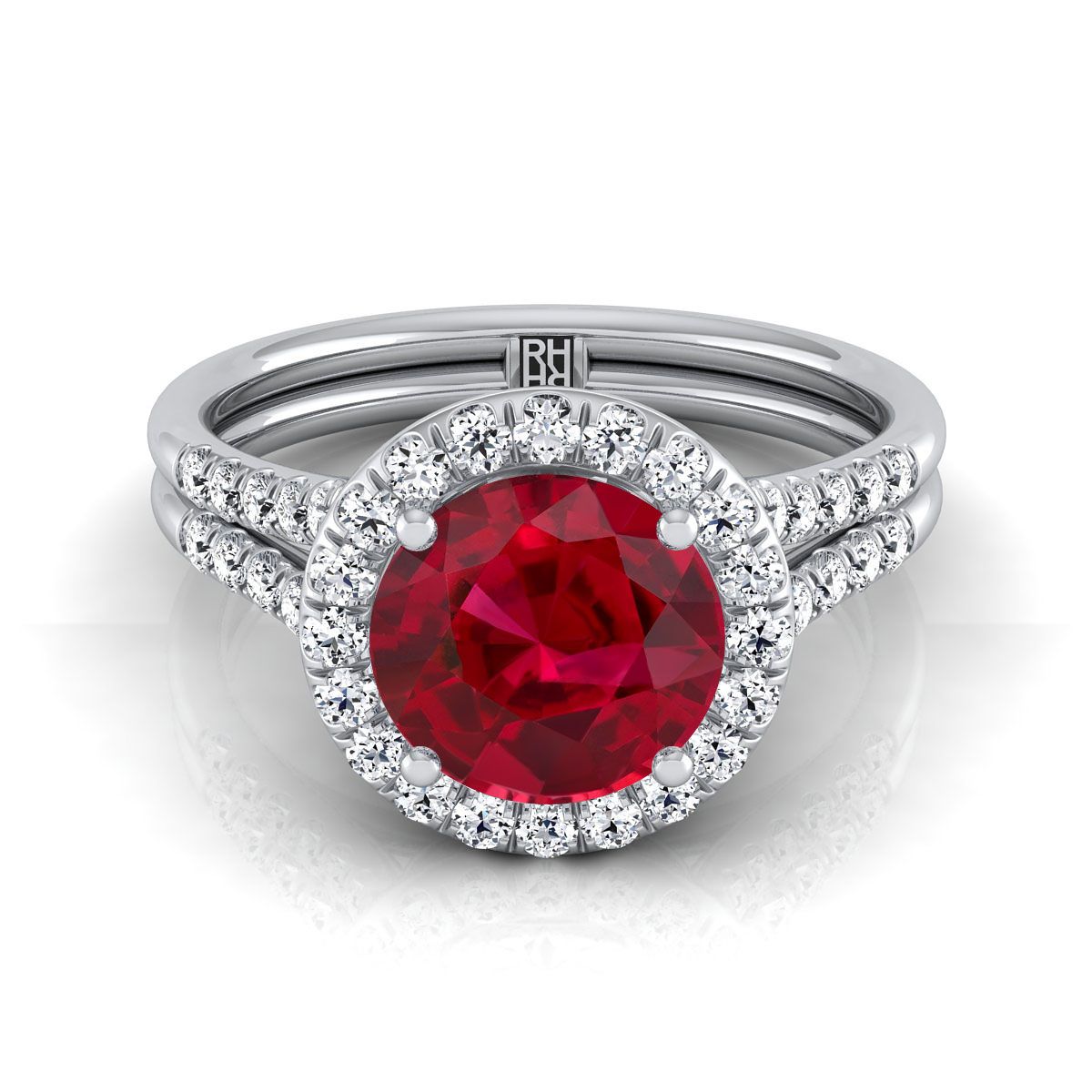 14K White Gold Round Brilliant French Pave Split Shank Halo Engagement Ring -3/8ctw