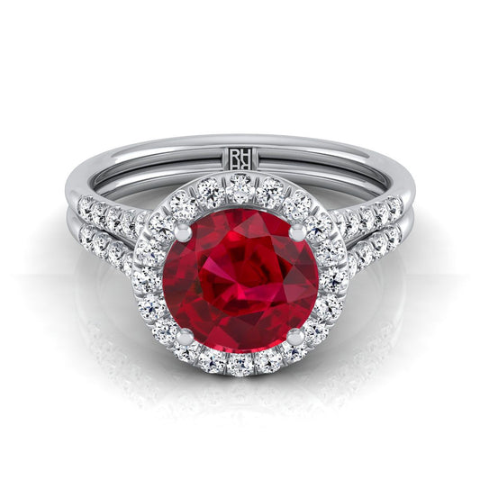 14K White Gold Round Brilliant French Pave Split Shank Halo Engagement Ring -3/8ctw