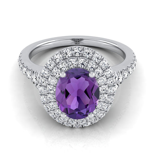 Platinum Oval Amethyst Double Halo with Scalloped Pavé Diamond Engagement Ring -1/2ctw