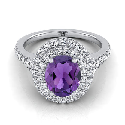 Platinum Oval Amethyst Double Halo with Scalloped Pavé Diamond Engagement Ring -1/2ctw
