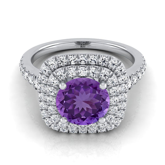 Platinum Round Brilliant Amethyst Double Halo with Scalloped Pavé Diamond Engagement Ring -1/2ctw