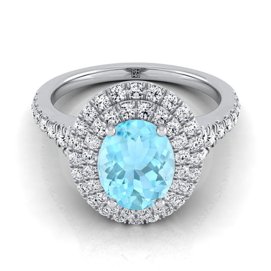14K White Gold Oval Aquamarine Double Halo with Scalloped Pavé Diamond Engagement Ring -1/2ctw