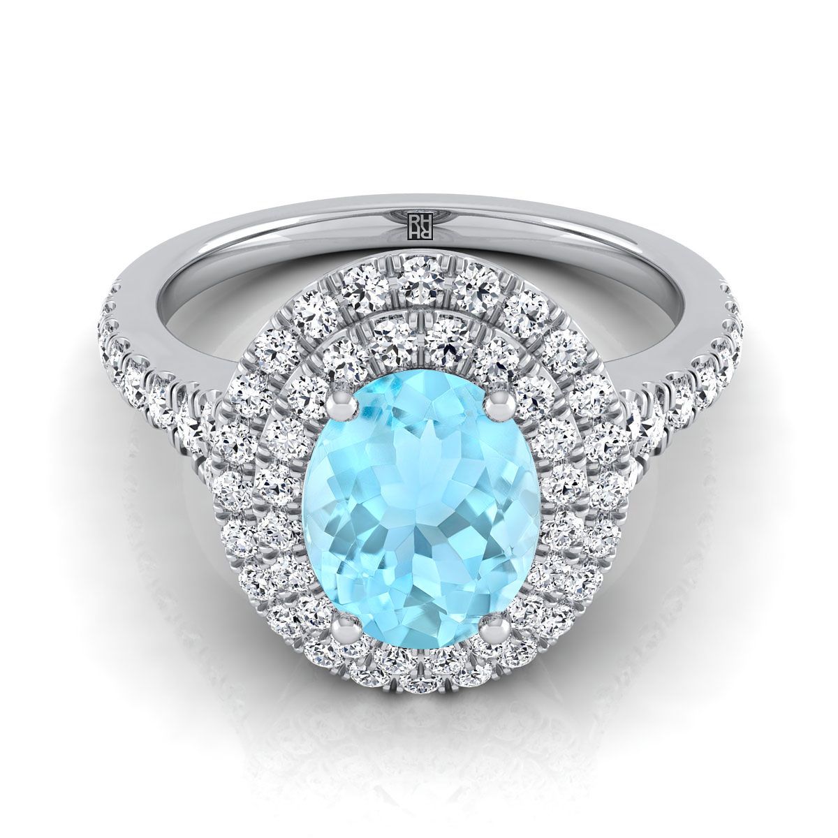 18K White Gold Oval Aquamarine Double Halo with Scalloped Pavé Diamond Engagement Ring -1/2ctw