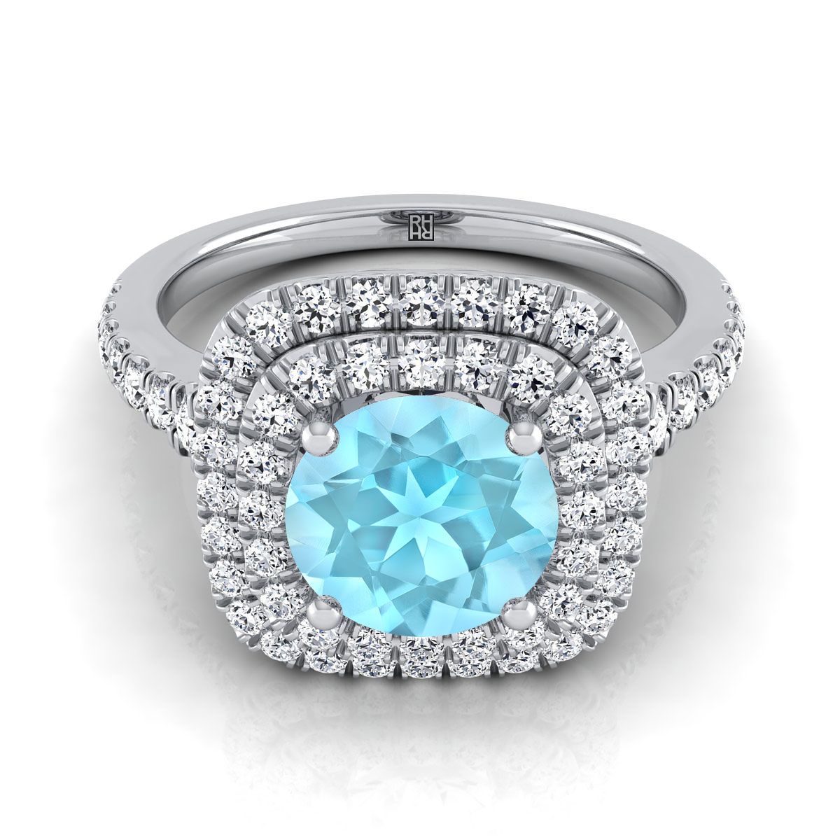 18K White Gold Round Brilliant Aquamarine Double Halo with Scalloped Pavé Diamond Engagement Ring -1/2ctw