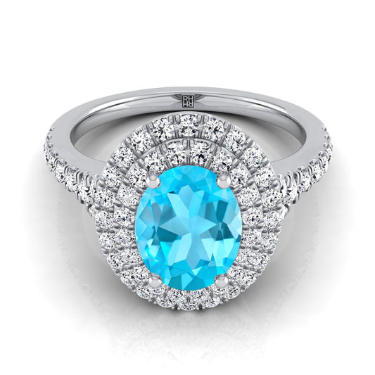 14K White Gold Oval Swiss Blue Topaz Double Halo with Scalloped Pavé Diamond Engagement Ring -1/2ctw