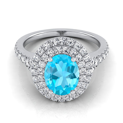 Platinum Oval Swiss Blue Topaz Double Halo with Scalloped Pavé Diamond Engagement Ring -1/2ctw