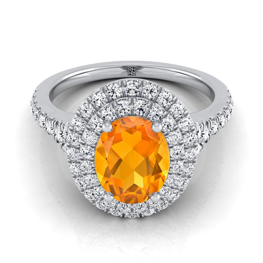 14K White Gold Oval Citrine Double Halo with Scalloped Pavé Diamond Engagement Ring -1/2ctw
