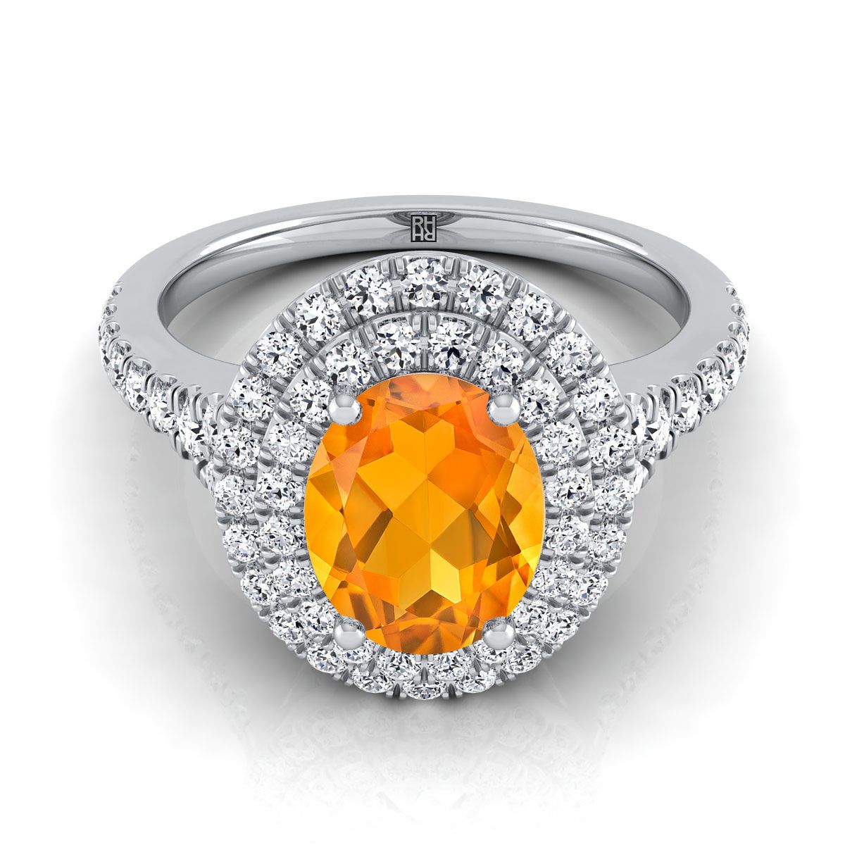 14K White Gold Oval Citrine Double Halo with Scalloped Pavé Diamond Engagement Ring -1/2ctw