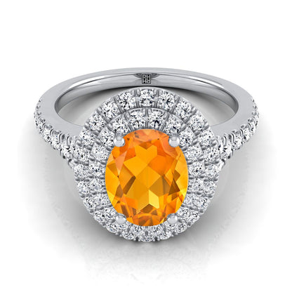 18K White Gold Oval Citrine Double Halo with Scalloped Pavé Diamond Engagement Ring -1/2ctw