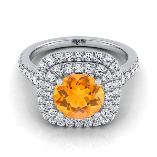 18K White Gold Round Brilliant Citrine Double Halo with Scalloped Pavé Diamond Engagement Ring -1/2ctw