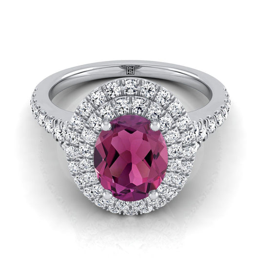 Platinum Oval Garnet Double Halo with Scalloped Pavé Diamond Engagement Ring -1/2ctw