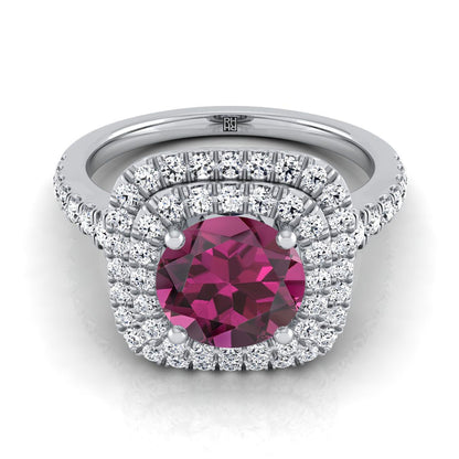 14K White Gold Round Brilliant Garnet Double Halo with Scalloped Pavé Diamond Engagement Ring -1/2ctw