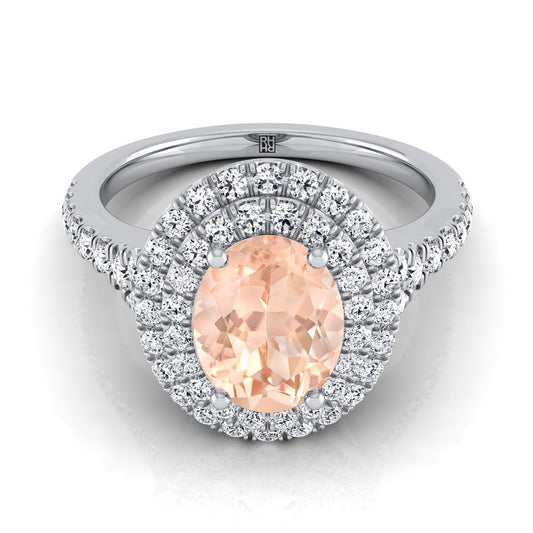 18K White Gold Oval Morganite Double Halo with Scalloped Pavé Diamond Engagement Ring -1/2ctw