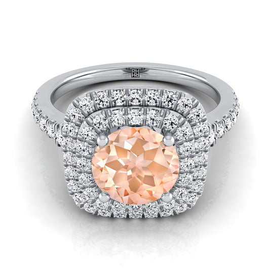 Platinum Round Brilliant Morganite Double Halo with Scalloped Pavé Diamond Engagement Ring -1/2ctw