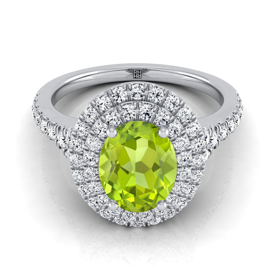 14K White Gold Oval Peridot Double Halo with Scalloped Pavé Diamond Engagement Ring -1/2ctw